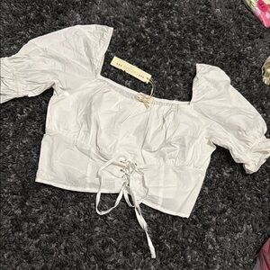 Chocolate White Puff Sleeve Tie Front Crop Blouse